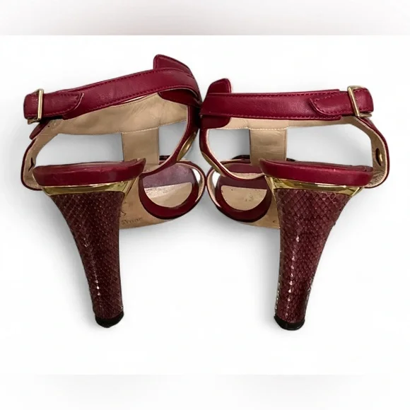 EUC JIMMY CHOO | SZ 37 1/2 | Napa Watersnake Burgundy Gold Heeled Sandals Shoes - Picture 5 of 9